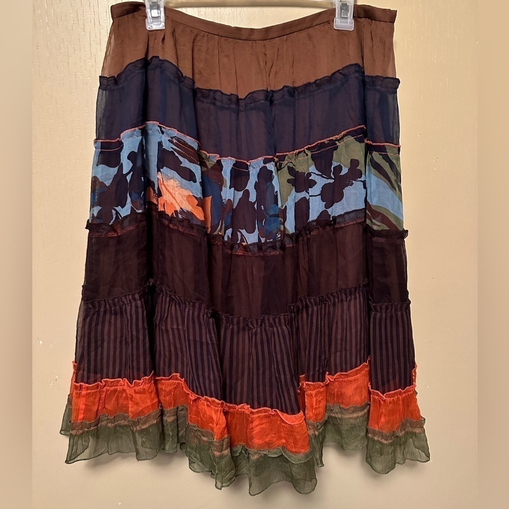BCBG Maxazria Medium Boho Multicolor Tiered Silk Midi Skirt Fairy Cottagecore